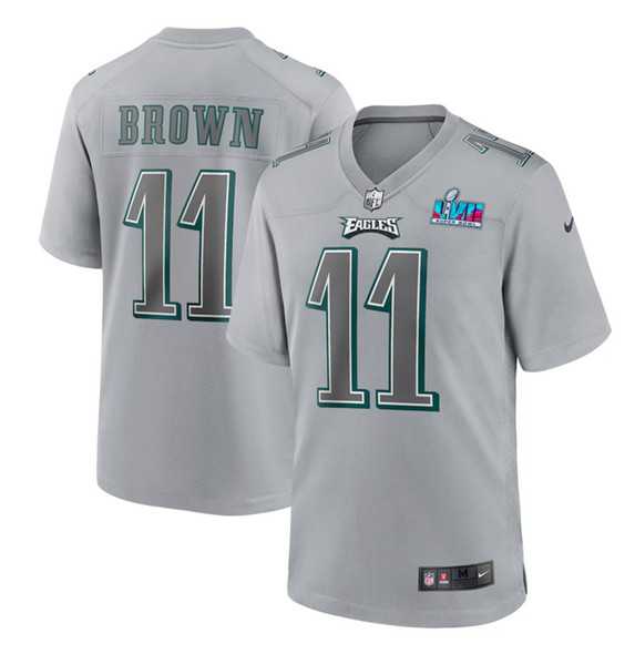 Mens Philadelphia Eagles #11 A.J. Brown Gray Super Bowl LVII Patch Atmosphere Fashion Stitched Game Jersey